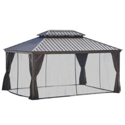Outsunny Patio Gazebo 15.9' X 12', Netting & Curtains, 2 Tier Double Vented Steel Roof, Hardtop, Ceiling Hooks, Rust Proof Aluminum, Brown -Outsunny GUEST 621d5c34 5ae1 46f4 beef 125dc49a3540