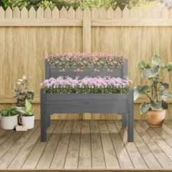 Outsunny 34" X 34" X 28" Raised Garden Bed 2-Tier Wooden Planter Box For Backyard, Patio To Grow Vegetables, Herbs, And Flowers Gray