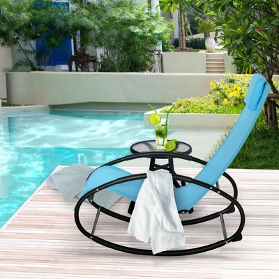 Outsunny Pool Lounger, Outdoor Rocking Lounge Chair For Sunbathing, Pool, Beach, Porch With Pillow & Cool Mesh, Sun Tanning Rocker, Blue 2 Outsunny Pool Lounger, Outdoor Rocking Lounge Chair For Sunbathing, Pool, Beach, Porch With Pillow & Cool Mesh, Sun Tanning Rocker, Blue - Image 2