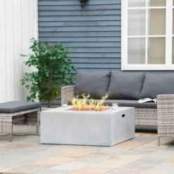 Outsunny 45 Outsunny 36" Firepit Table For Outside, 50,000 BTU Large Rectangular Stone Gas Firepit With Lava Rocks & Rain Cover, Fits 20lb Tank, Gray