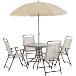 Outsunny 6 Piece Patio Dining Set For 4 With Umbrella, 4 Folding Dining Chairs & Round Glass Table For Garden, Backyard And Poolside -Outsunny GUEST 65abd54c 9fd7 437c a568 ff32b2ba446e