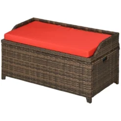 Outsunny Patio Wicker Storage Bench, Cushioned Outdoor PE Rattan Patio Furniture, Assisted Easy Open, Two-In-One Seat Box With Handles Seat, Red -Outsunny GUEST 66b7b1cc d4d6 4f5f 859c 5dba2fa9fa58