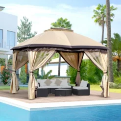 Outsunny 10' X 12' Outdoor Gazebo, Patio Gazebo Canopy Shelter W/ Double Vented Roof, Zippered Mesh Sidewalls, Solid Steel Frame