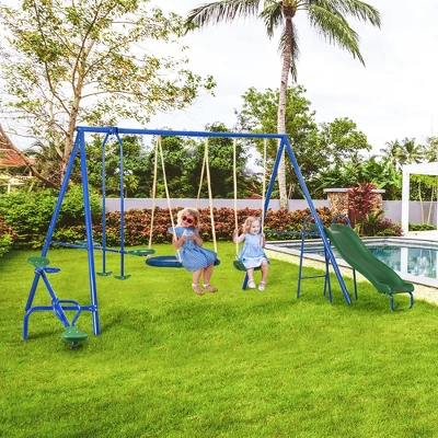 Outsunny 5-in-1 Kids Swing Set Backyard Playground Set With Saucer Swing, Outdoor Slide, Seesaw, Metal Swing Set Outdoor Playset Equipment 2 Outsunny 5-in-1 Kids Swing Set Backyard Playground Set With Saucer Swing, Outdoor Slide, Seesaw, Metal Swing Set Outdoor Playset Equipment - Image 2
