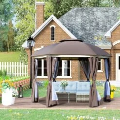 Outsunny 12' X 12' Round Outdoor Gazebo, Patio Dome Gazebo Canopy Shelter With Double Roof, Netting Sidewalls And Curtains, Zippered Doors, Strong Steel Frame
