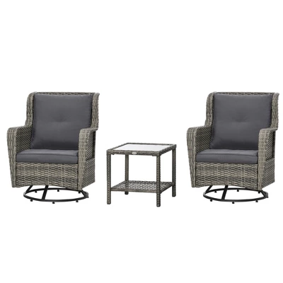 Outsunny 3-Piece Patio Bistro Set, PE Rattan Wicker Outdoor Furniture, Soft Cushions, 2 360 Swivel Rocking Chairs, 2-Tier Coffee Table 3 Outsunny 3-Piece Patio Bistro Set, PE Rattan Wicker Outdoor Furniture, Soft Cushions, 2 360 Swivel Rocking Chairs, 2-Tier Coffee Table - Image 3