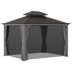 Outsunny Patio Gazebo 10' X 12', Netting & Curtains, 2 Tier Double Vented Steel Roof, Hardtop, Ceiling Hooks, Rust Proof Aluminum, Gray -Outsunny GUEST 7ad8841c 3dec 4ff2 9ab5 23ef303cf76c