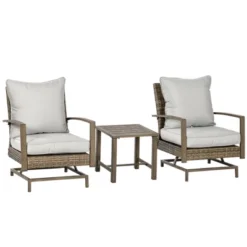 Outsunny 3-Piece Patio Bistro Set, PE Rattan Wicker Outdoor Furniture With Soft Cushions, 2 Rocking Chairs, Slatted Coffee Table, Gray -Outsunny GUEST 7c40f046 7e92 4935 b88f e11034f65b94