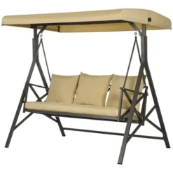 Outsunny 3-Seat Patio Swing Chair, Outdoor Canopy Swing Glider With Cushion With 3 Throw Pillows & Adjustable Shade For Porch, Khaki -Outsunny GUEST 88d282e2 9b96 4c31 8e7f 2e353b44dbf6