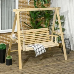 Outsunny 39 Outsunny 2-Seat Outdoor Swing Chair, Porch Swing With Stand And Side Tables, For Garden, Poolside, Backyard
