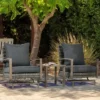 Outsunny 3-Piece Patio Bistro Set, PE Rattan Wicker Outdoor Furniture With Soft Cushions, 2 Rocking Chairs, Slatted Coffee Table, Dark Gray