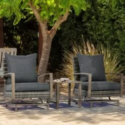Outsunny 3-Piece Patio Bistro Set, PE Rattan Wicker Outdoor Furniture With Soft Cushions, 2 Rocking Chairs, Slatted Coffee Table, Dark Gray