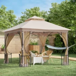 Outsunny 23 Outsunny 10' X 10' Patio Gazebo Canopy Outdoor Pavilion With Mesh Netting SideWalls, 2-Tier Polyester Roof, & Steel Frame Beige