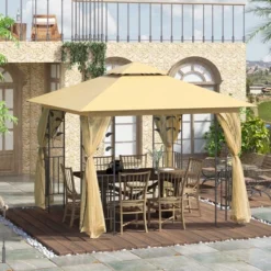 Outsunny 19 Outsunny 10' X 10' Outdoor Patio Gazebo Canopy With 2-Tier Polyester Roof, Mesh Netting Sidewalls, And Steel Frame