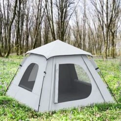 Outsunny 3-4 Person Pop Up Tent, Tents For Camping With Mesh Windows, Zipped Door, Floor, Hang Hook & Portable Carry Bag, Silver