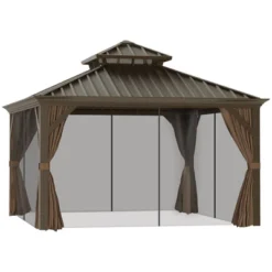 Outsunny Patio Gazebo 12' X 12', Netting & Curtains, 2 Tier Double Vented Steel Roof, Hardtop, Ceiling Hooks, Rust Proof Aluminum, Brown -Outsunny GUEST 9f927b1c f5df 4e76 af54 79e999b7f92e