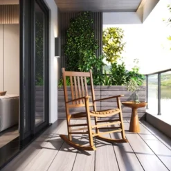 Outsunny Wooden Rocking Chair Indoor / Outdoor Rocker With High Back For Patio, Porch