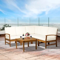 Outsunny 6 Piece L Shape Garden Sofa Set Solid Acacia Wood Garden Furniture Set With A Coffee Table For Yard And Bistro