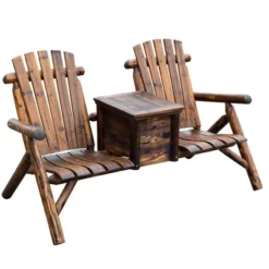Outsunny Wooden Double Adirondack Chair Loveseat With Inset Ice Bucket, Table, Rustic Look, & Weather-Resistant Varnish -Outsunny GUEST a6cb8afb 18a3 4715 a9b0 8a20e9cde784