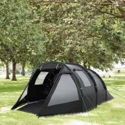 Outsunny 3-4 Person Waterproof Cabin Tent With Room Division, Portable Camping Gear With Windows, Carrying Bag, Charcoal