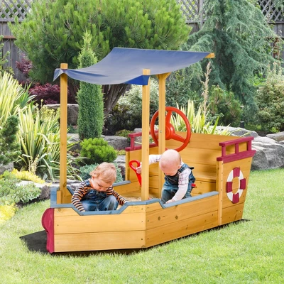 Outsunny Wooden Pirate Sandbox For Kids, Covered Children Sand Boat Outdoor, W/ Storage Bench, Sun Protective Canopy Cover, Ages 3-8 Years Old, Orange 2 Outsunny Wooden Pirate Sandbox For Kids, Covered Children Sand Boat Outdoor, W/ Storage Bench, Sun Protective Canopy Cover, Ages 3-8 Years Old, Orange - Image 2