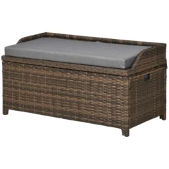Outsunny Storage Bench Rattan Wicker Garden Deck Box Bin With Interior Waterproof Bag And Comfy Cushion, Gray -Outsunny GUEST a9c701d8 61a3 42b5 ae8c f96fe5f158a8