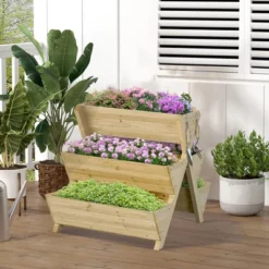 Outsunny Raised Garden Bed, 3 Tiered Vertical Planter With 5 Flower Boxes, Hooks & Drainage Holes For Outdoor Herbs, Vegetables, Wood