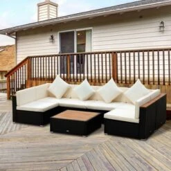 Outsunny 7-Piece Outdoor Wicker Sofa Set, PE Rattan Sectional Furniture Patio Couch W/ Acacia Top Coffee Table & Cushion For Garden, Backyard,