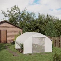 Outsunny Walk-in Tunnel Greenhouse With Zippered Mesh Doors & Roll-up Sidewalls, Upgraded Hot House, White, 11.5' X 10' X 6.5'