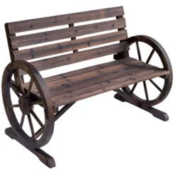 Outsunny Wooden Wagon Wheel Bench Rustic Outdoor Patio Furniture, 2-Person Seat Bench With Backrest -Outsunny GUEST b1169fe5 b79a 4de0 bfba dd9222d6037e