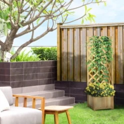 Outsunny Rustic Corner Planter With Trellis, Wooden Raised Garden Boxes Flower Bed For Backyard, Patio, Deck, Corner Use