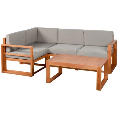 Outsunny 4 Seater L Shaped Patio Furniture Set, Wood Outdoor Sectional Sofa Conversation Set With Coffee Table And Cushions For Garden, Gray 2 Outsunny 4 Seater L Shaped Patio Furniture Set, Wood Outdoor Sectional Sofa Conversation Set With Coffee Table And Cushions For Garden, Gray - Image 2