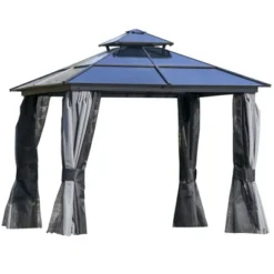 Outsunny Hardtop Gazebo Outdoor Polycarbonate Canopy Aluminum Frame Pergola With Double Vented Roof, Netting & Curtains For Garden -Outsunny GUEST b5508373 20b1 469c a5fe 5fb411660723
