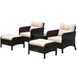 Outsunny 5 Piece Rattan Wicker Lounge Chair, Outdoor Patio Conversation Set With 2 Cushioned Chairs, 2 Ottomans & Tempered Glass Top Coffee Table -Outsunny GUEST b6400669 6f91 4307 99d7 1bef9dcb9c8d