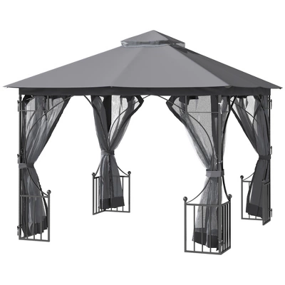 Outsunny 10' X 10' Patio Gazebo Canopy Outdoor Pavilion With Mesh Netting SideWalls, 2-Tier Polyester Roof, & Steel Frame, Dark Gray 4 Outsunny 10' X 10' Patio Gazebo Canopy Outdoor Pavilion With Mesh Netting SideWalls, 2-Tier Polyester Roof, & Steel Frame, Dark Gray - Image 4