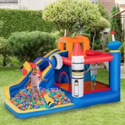 Outsunny 5-in-1 Inflatable Water Slide Kids Bounce House Space Theme Includes Slide Trampoline Pool Cannon Climbing Wall With 450W Air Blower