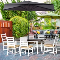 Outsunny Patio Dining Set For 6, Outdoor Furniture Set With A Table & Chairs, Cushions, Umbrella Hole For Garden, Backyard, Or Poolside, Beige