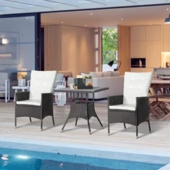 Outsunny 3 Pieces Patio PE Rattan Sofa Set, Outdoor Recliner Chairs With Wood Grain Plastic Top Coffee Table Conversation Furniture Set, For Garden, Backyard, Deck