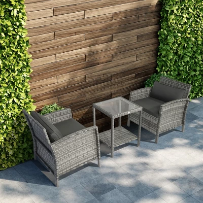 Outsunny 3 Pcs Rattan Wicker Bistro Set With Soft Cushions, Outdoor Conversation Coffee Sets With Glass Table Top And Open Storage Shelf For Patio, Backyard, Garden 1 Outsunny 3 Pcs Rattan Wicker Bistro Set With Soft Cushions, Outdoor Conversation Coffee Sets With Glass Table Top And Open Storage Shelf For Patio, Backyard, Garden