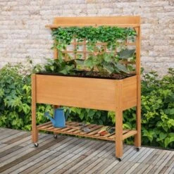 Outsunny 41'' Raised Garden Bed Mobile Elevated Wooden Planter Box Stand With Wheels, Trellis And Storage Shelf, Brown