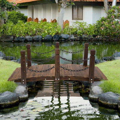 Outsunny 5 Ft Wooden Garden Bridge Arc Footbridge With Metal Chain Railings & Solid Fir Construction, Stained Wood 2 Outsunny 5 Ft Wooden Garden Bridge Arc Footbridge With Metal Chain Railings & Solid Fir Construction, Stained Wood - Image 2