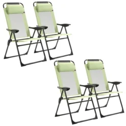 Outsunny Set Of 4 Folding Patio Chairs, Camping Chairs With Adjustable Sling Back, Removable Headrest, Armrest For Garden, Backyard, Lawn, Green -Outsunny GUEST cb9382ec b792 43c7 824d a40b8187c926