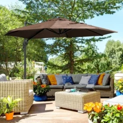 Outsunny 9.8' Offset Patio Umbrella With Base, Steel Aluminum Cantilever Umbrella With 360-degree Rotation, Tilt, 8 Ribs, Crank, Cross Base, Coffee -Outsunny GUEST cdf55444 8656 483c 870a 371628b28d9d