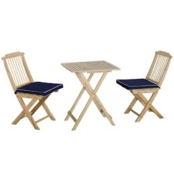 Outsunny 3 Pieces Patio Folding Bistro Set, Outdoor Pine Wood Table And Chairs Set With Tie-on Cushion & Square Coffee Table, Dark Blue -Outsunny GUEST ce885e5f b6f3 4584 8828 04243bc71051
