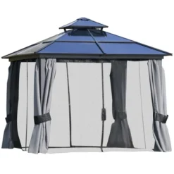 Outsunny Hardtop Gazebo Outdoor Polycarbonate Canopy Aluminum Frame Pergola With Double Vented Roof, Netting & Curtains For Garden -Outsunny GUEST cf712326 d6f2 4343 9c88 dc80c2799aa9