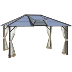 Outsunny Hardtop Polycarbonate Gazebo Canopy Aluminum Frame Pergola With Top Vent And Netting For Garden, Patio, Grey -Outsunny GUEST d1a7118f fbec 4cd7 b312 797ef1dfd1f4