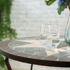 Outsunny 3 Piece Patio Bistro Set, Metal Folding Chairs, Foldable Outdoor Dining Table, Stone Mosaic Pattern For Decor, Poolside, Porch, Coffee -Outsunny GUEST d2735ecc 51cb 4f2c a5b2 5ba6d2f7588e