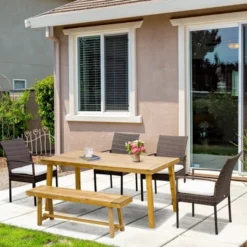 Outsunny Outdoor Dining Set For 6, Patio Dining Furniture Set With PE Wicker Chairs, Armrests, Wood Loveseat Bench & Dinner Table, Cushions, White