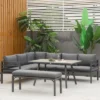 Outsunny 4 Piece Patio Furniture Set, Outdoor L-Shaped Sectional Sofa With 2 Couches, Bench, Dining Table, Cushions, Aluminum Conversation Set, Gray