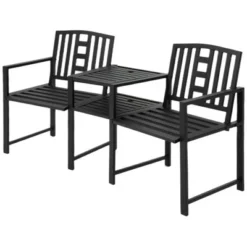 Outsunny Metal Garden Bench With Middle Table And Umbrella Hole, 2-in-1 Double Patio Chairs, Outdoor 2-person Tete-a-Tete, Slatted, Black -Outsunny GUEST d49897ac 96ca 486e 96a9 4c1f364520e0